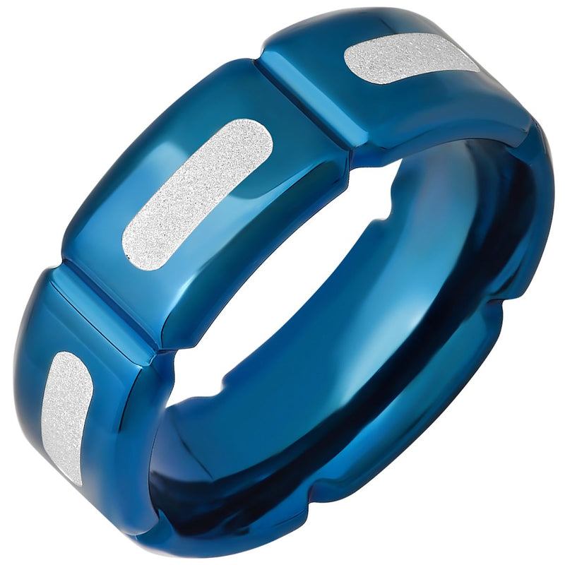 Men's Blue IP Stainless Steel and White Silver Glittery Film Band Ring Rings 9 - DailySale
