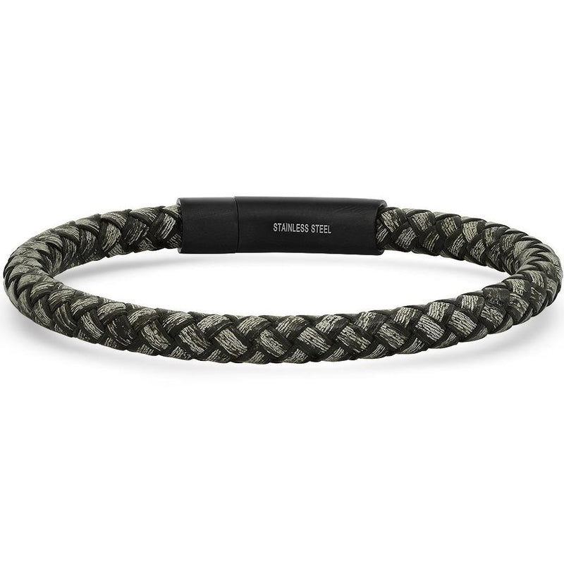 Men's Braided Black/Gray Leather and Black IP Stainless Steel Clasp Bracelet Bracelets - DailySale