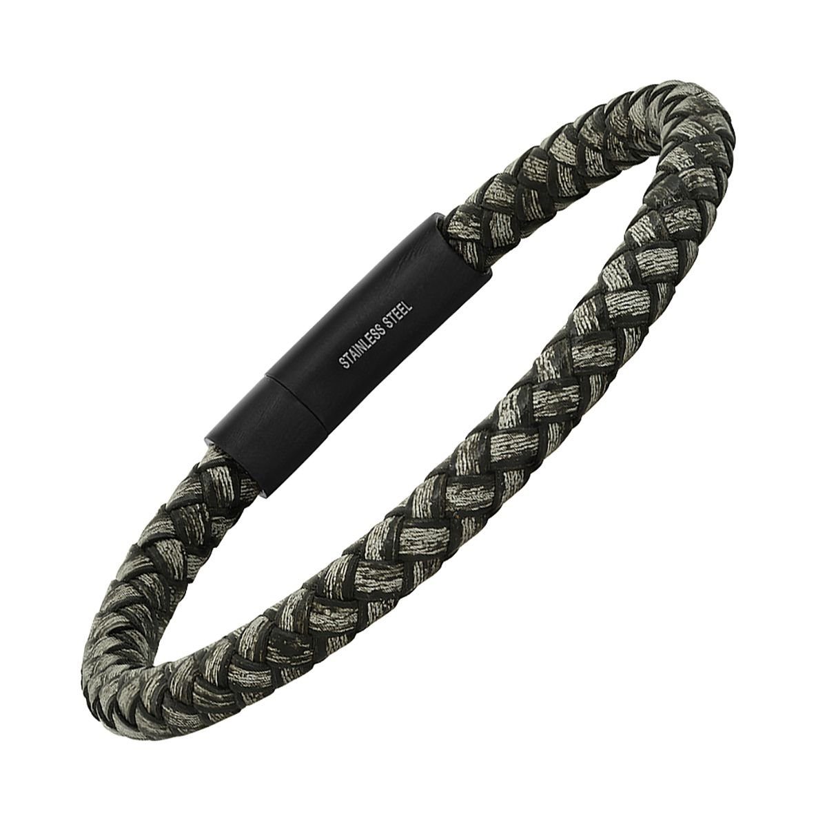 Men's Braided Black/Gray Leather and Black IP Stainless Steel Clasp Bracelet Bracelets - DailySale