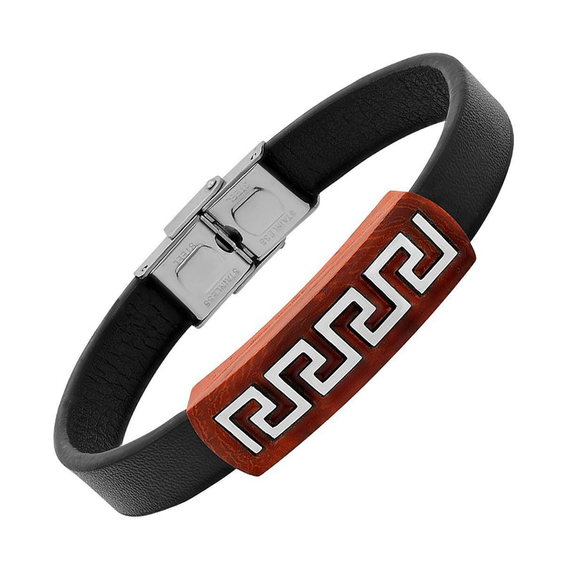 Men's Brown Leather Wood and Stainless Steel Greek Key Accents ID Bracelet Bracelets - DailySale