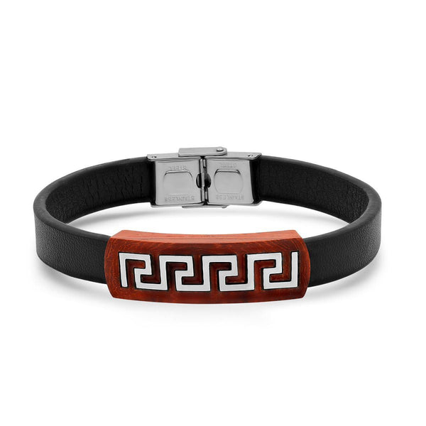 Men's Brown Leather Wood and Stainless Steel Greek Key Accents ID Bracelet Bracelets - DailySale