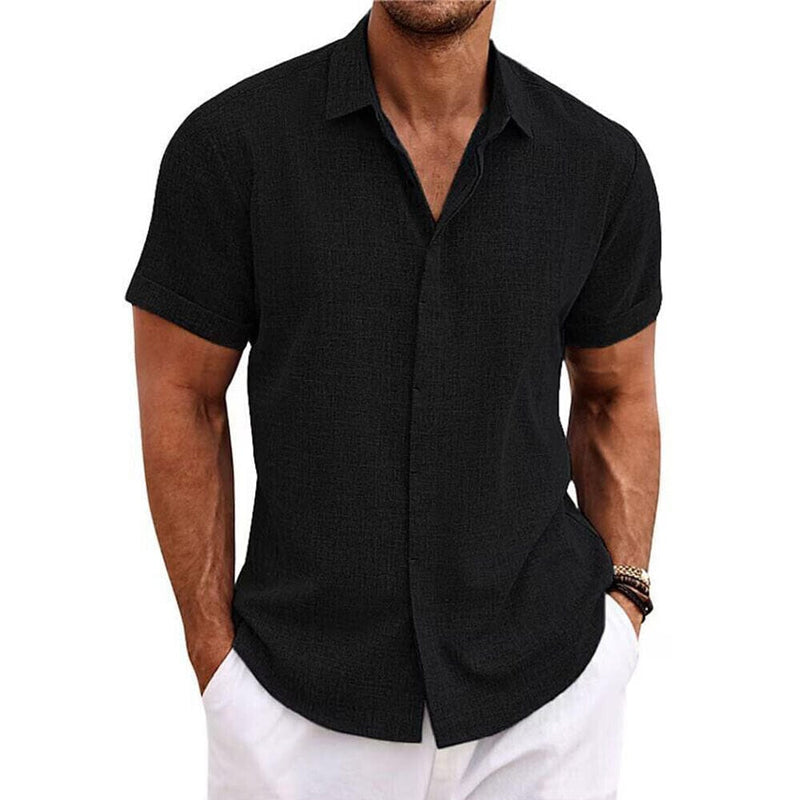 Men's Button Down Shirt Short Sleeve Plain Lapel Men's Tops Black S - DailySale