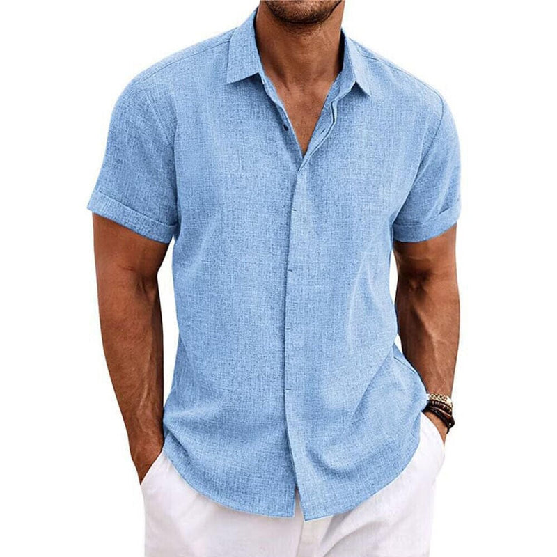 Men's Button Down Shirt Short Sleeve Plain Lapel Men's Tops Blue S - DailySale