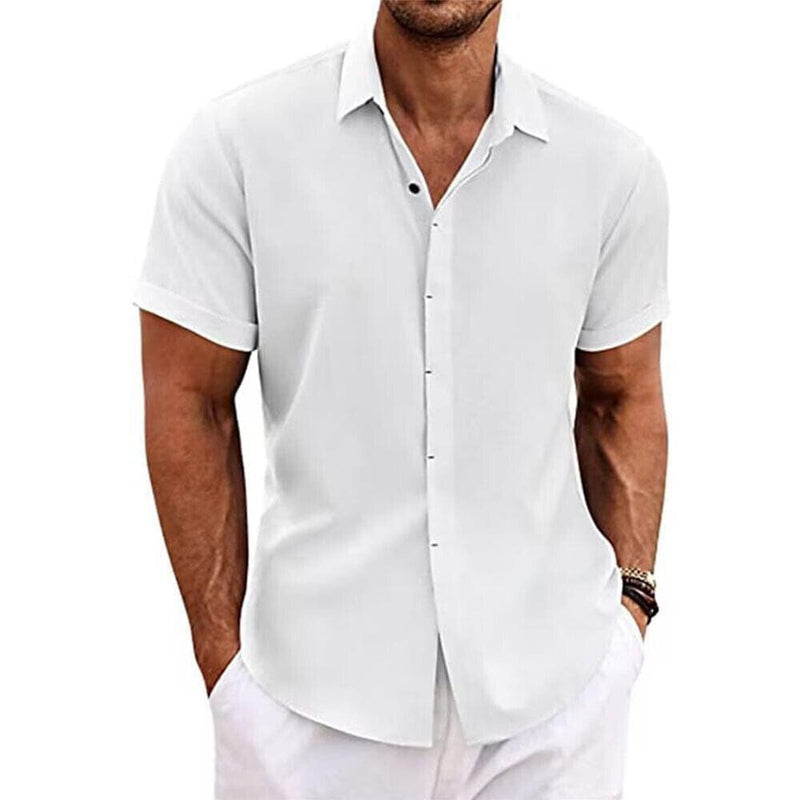 Men's Button Down Shirt Short Sleeve Plain Lapel Men's Tops White S - DailySale