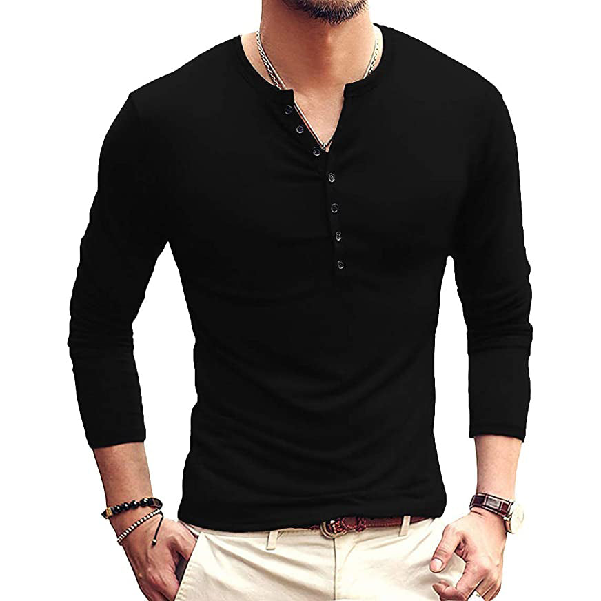 Men's Casual Slim Fit Basic Henley Long Sleeve Men's Tops Black S - DailySale