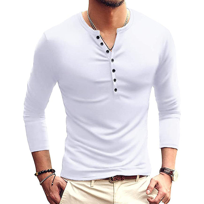 Men's Casual Slim Fit Basic Henley Long Sleeve Men's Tops White S - DailySale