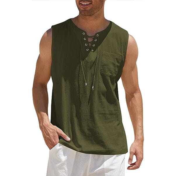 Men's Cotton Linen Tank Top Shirts Casual Sleeveless Lace Up Beach Hippie Tops Bohemian Renaissance Pirate Tunic Men's Tops Army Green S - DailySale