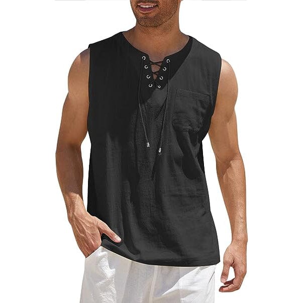 Men's Cotton Linen Tank Top Shirts Casual Sleeveless Lace Up Beach Hippie Tops Bohemian Renaissance Pirate Tunic Men's Tops Black S - DailySale