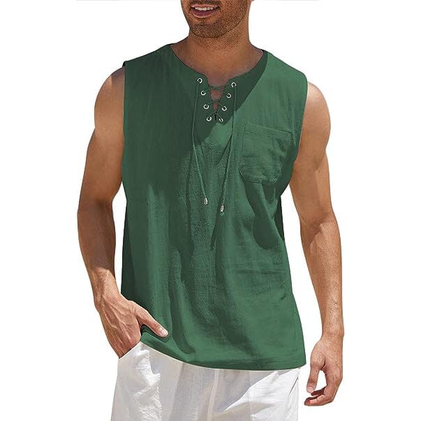 Men's Cotton Linen Tank Top Shirts Casual Sleeveless Lace Up Beach Hippie Tops Bohemian Renaissance Pirate Tunic Men's Tops Dark Green S - DailySale