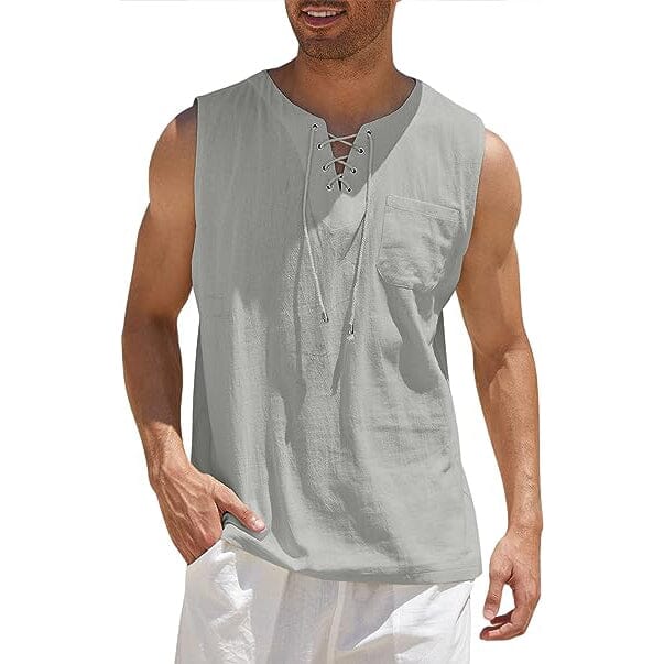 Men's Cotton Linen Tank Top Shirts Casual Sleeveless Lace Up Beach Hippie Tops Bohemian Renaissance Pirate Tunic Men's Tops Gray S - DailySale