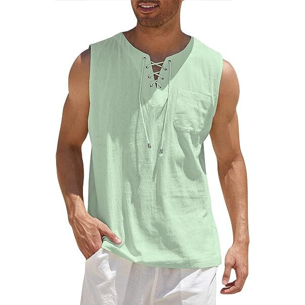 Men's Cotton Linen Tank Top Shirts Casual Sleeveless Lace Up Beach Hippie Tops Bohemian Renaissance Pirate Tunic Men's Tops Green S - DailySale