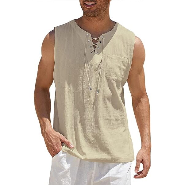 Men's Cotton Linen Tank Top Shirts Casual Sleeveless Lace Up Beach Hippie Tops Bohemian Renaissance Pirate Tunic Men's Tops Khaki S - DailySale