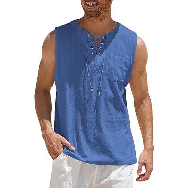 Mens Medieval Renaissance Viking Pirate Sleeveless T-shirt Cotton Linen  Look Tank Top Shirts Casual Lace-up Tee Tops