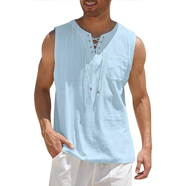 Men's Cotton Linen Tank Top Shirts Casual Sleeveless Lace Up Beach Hippie Tops Bohemian Renaissance Pirate Tunic Men's Tops Sky Blue S - DailySale
