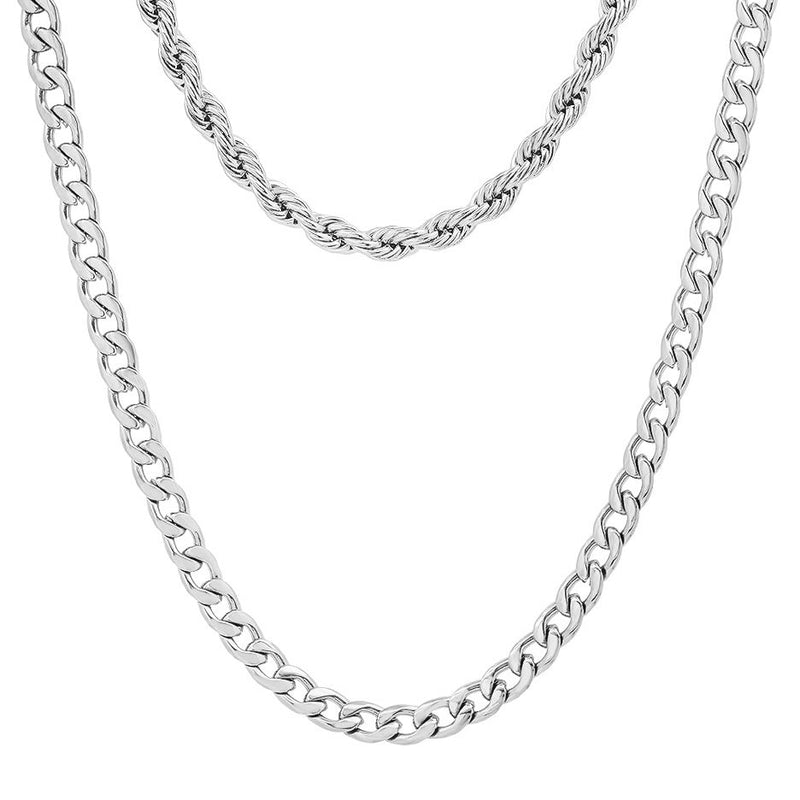 Men's Cuban and Rope Chain Double Row Necklace