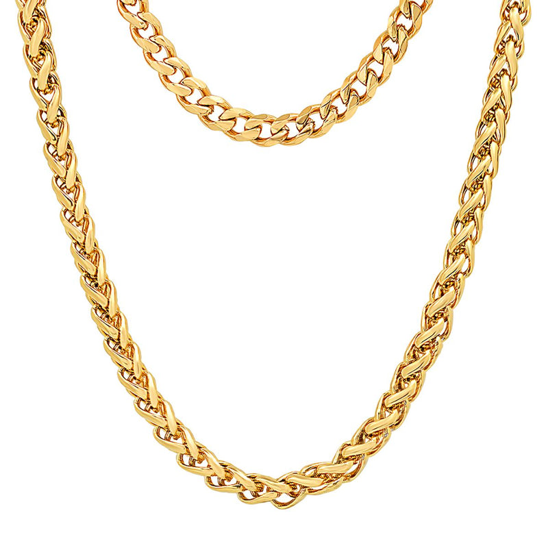 Men's Cuban and Wheat Chain Double Row Necklace