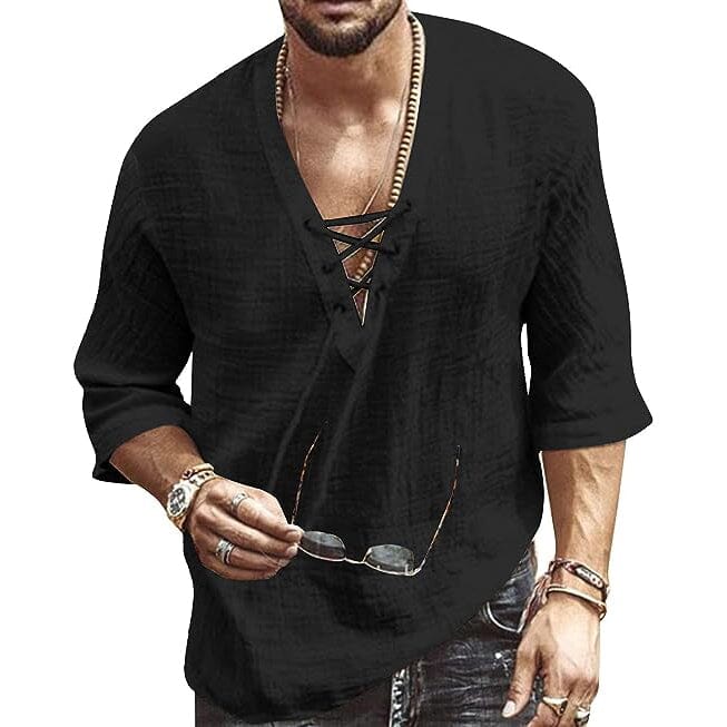 Men's Fashion Shirt Short Sleeve Beach V-Neck Drawstring Men's Tops Black S - DailySale