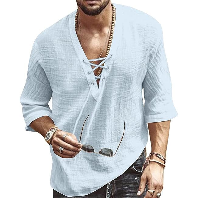 Men's Fashion Shirt Short Sleeve Beach V-Neck Drawstring Men's Tops Light Blue S - DailySale