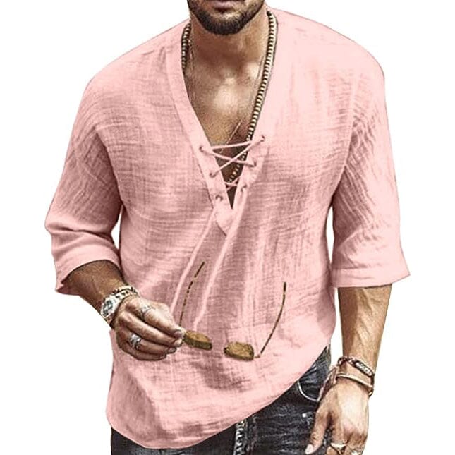 Men's Fashion Shirt Short Sleeve Beach V-Neck Drawstring Men's Tops Pink S - DailySale