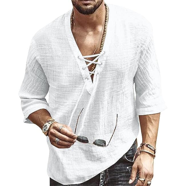 Men's Fashion Shirt Short Sleeve Beach V-Neck Drawstring Men's Tops White S - DailySale