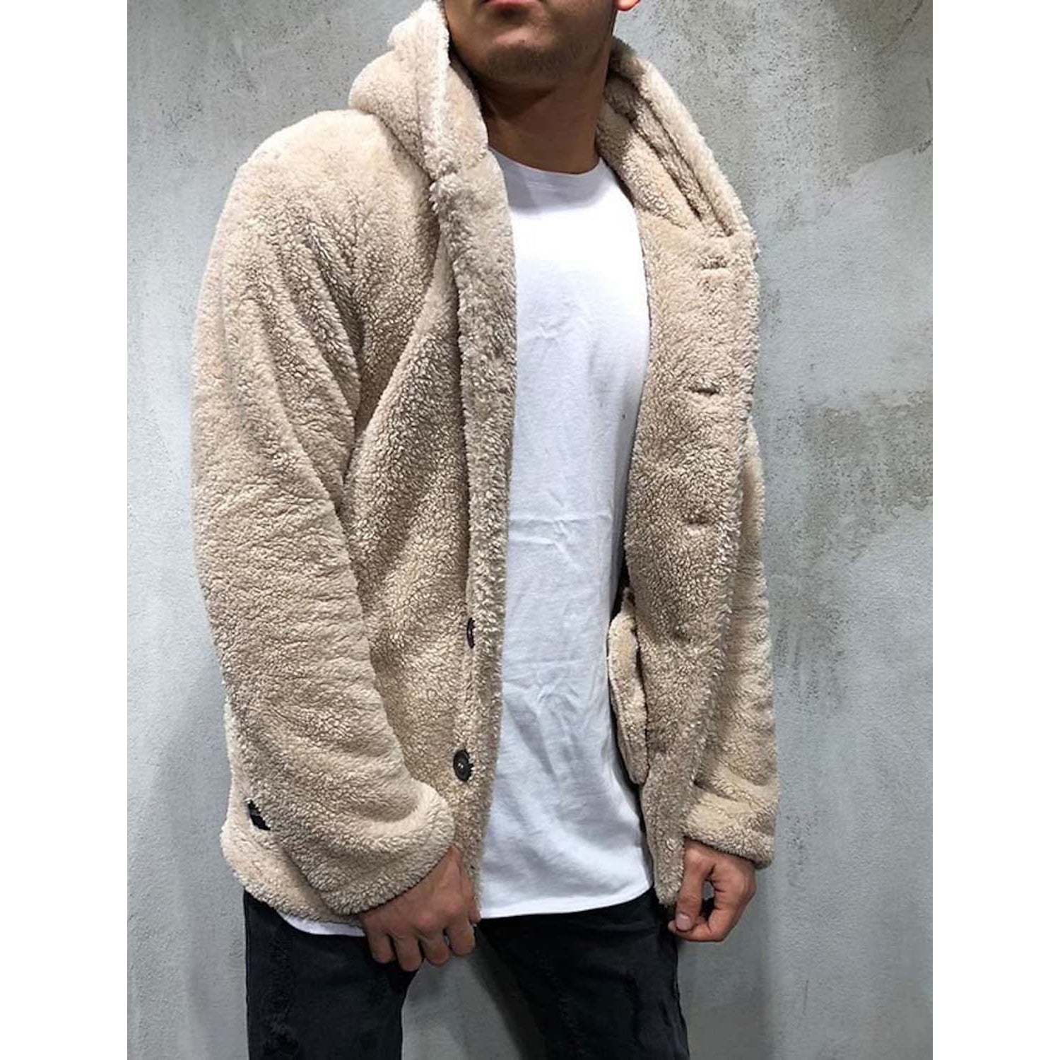 Men's Fuzzy Sherpa Hooded Solid Coat Men's Outerwear Apricot S - DailySale