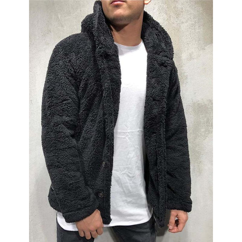 Men's Fuzzy Sherpa Hooded Solid Coat Men's Outerwear Black S - DailySale