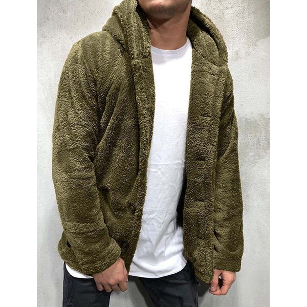 Men's Fuzzy Sherpa Hooded Solid Coat Men's Outerwear Green S - DailySale