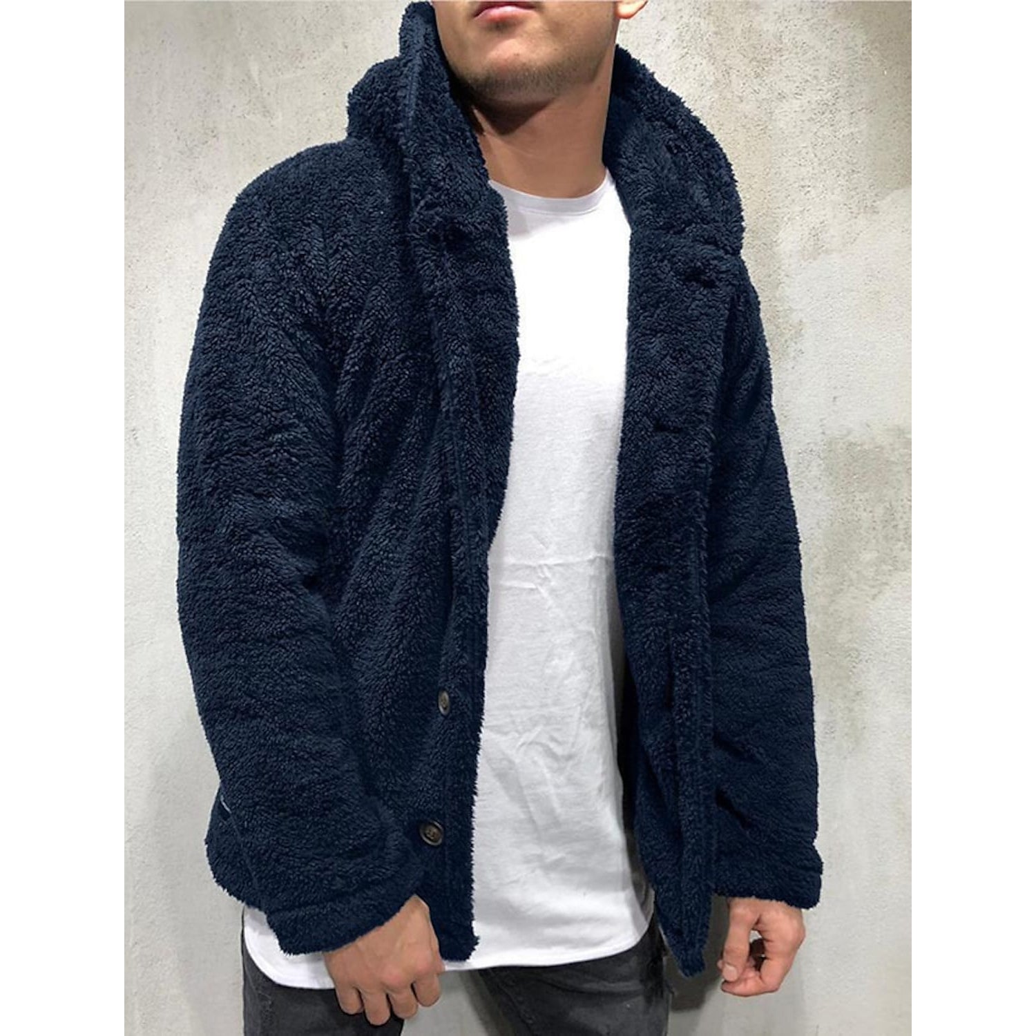 Men's Fuzzy Sherpa Hooded Solid Coat Men's Outerwear Navy Blue S - DailySale