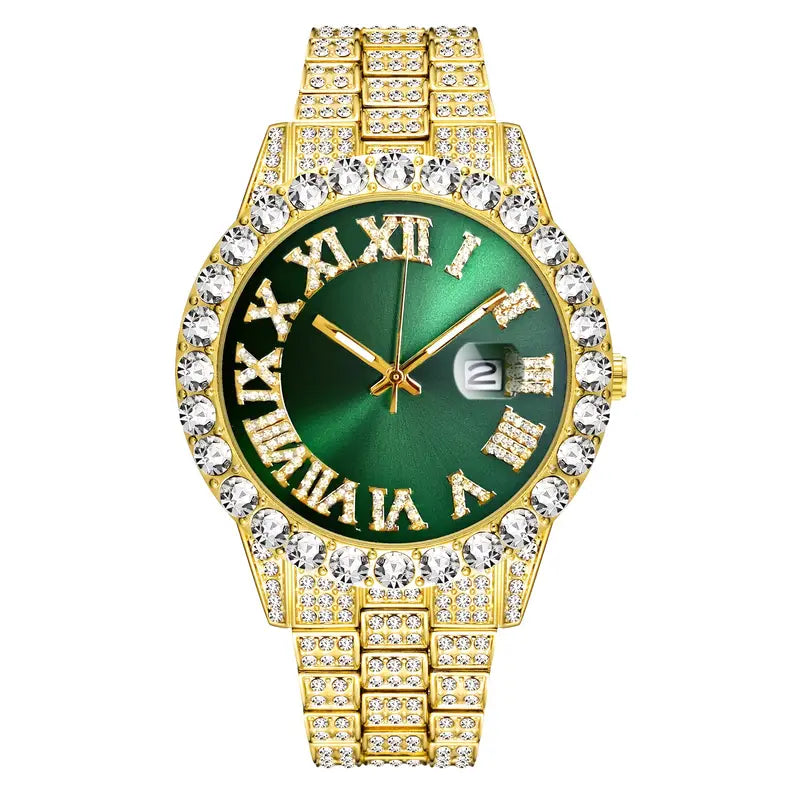 Men's Gypsophila Large Dial Waterproof Quartz Watch Men's Shoes & Accessories Gold Belt Green Face - DailySale