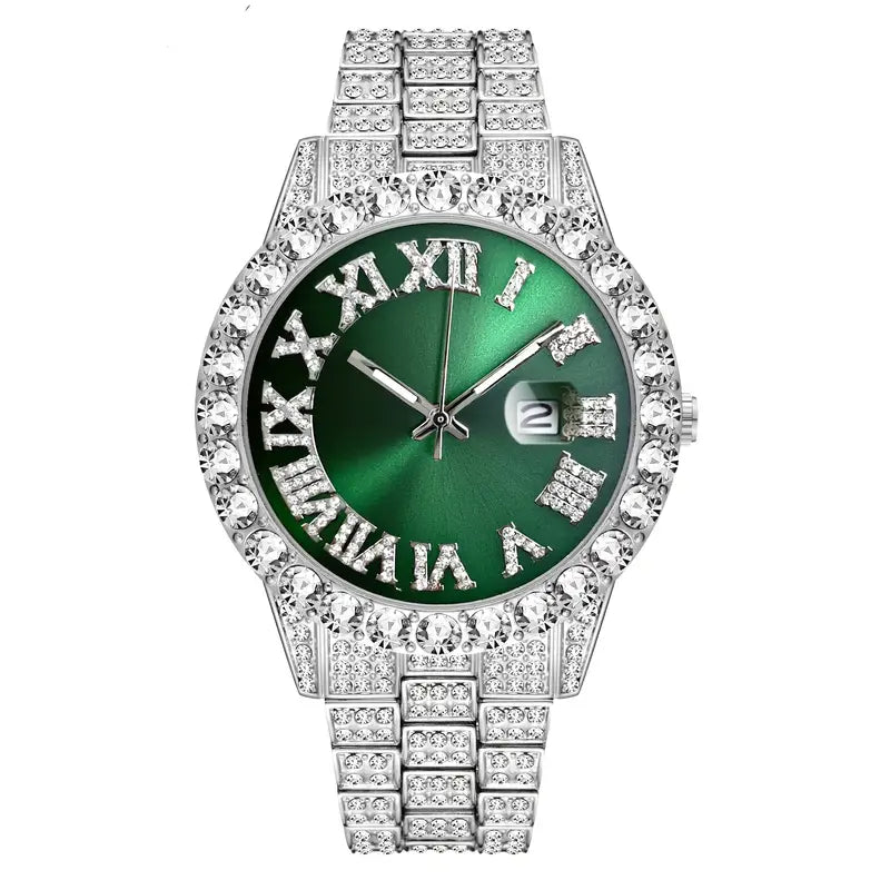 Men's Gypsophila Large Dial Waterproof Quartz Watch Men's Shoes & Accessories Silver with Green Face - DailySale