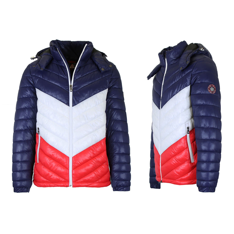 Men's Heavyweight Hooded Puffer Bubble Jacket Men's Clothing Navy/White/Red S - DailySale