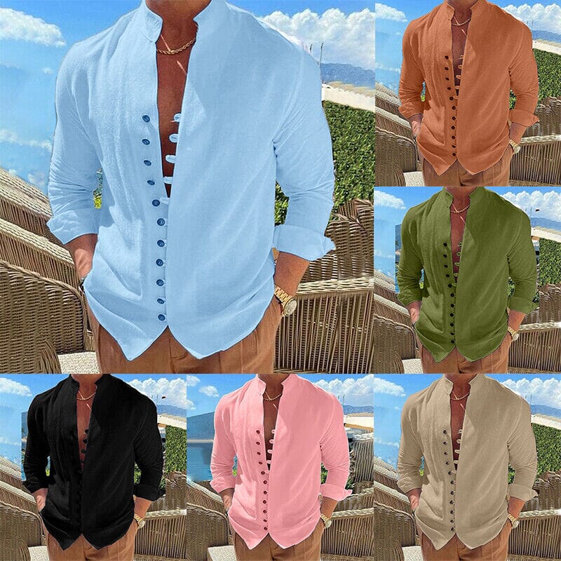 Men's Linen Button Up Shirt Long Sleeve Plain Band Collar Men's Tops - DailySale