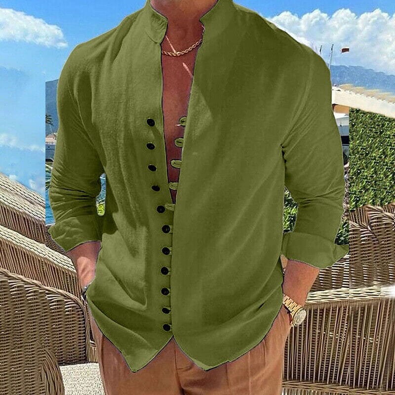 Men's Linen Button Up Shirt Long Sleeve Plain Band Collar Men's Tops Green S - DailySale