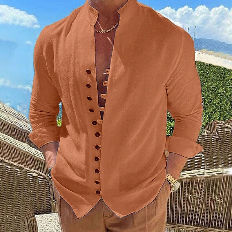 Men's Linen Button Up Shirt Long Sleeve Plain Band Collar Men's Tops Orange S - DailySale