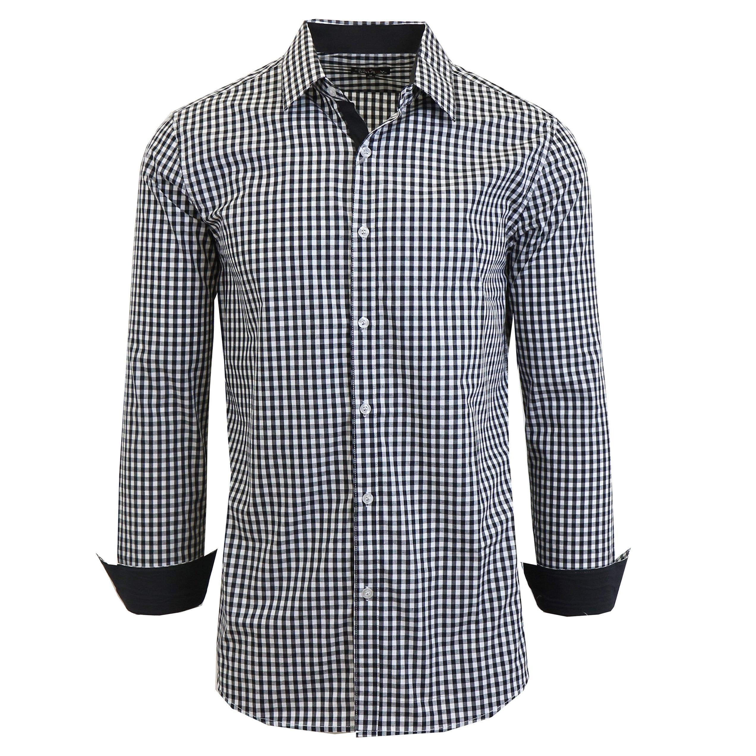 Men's Long Sleeve Slim Fitting Gingham Pattern Dress Shirts Men's Tops Black S - DailySale