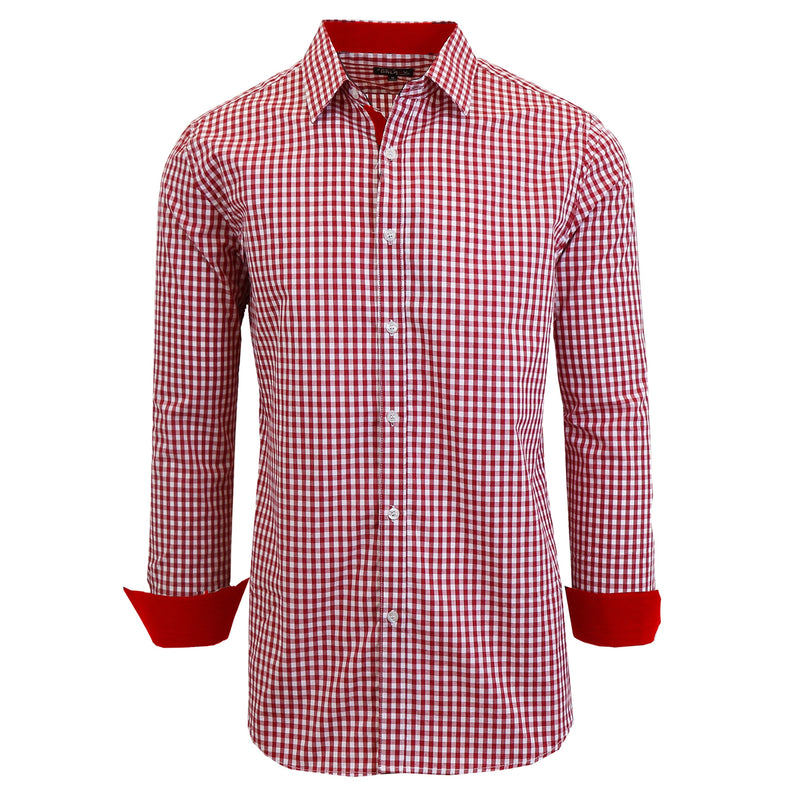 Men's Long Sleeve Slim Fitting Gingham Pattern Dress Shirts Men's Tops Burgundy S - DailySale