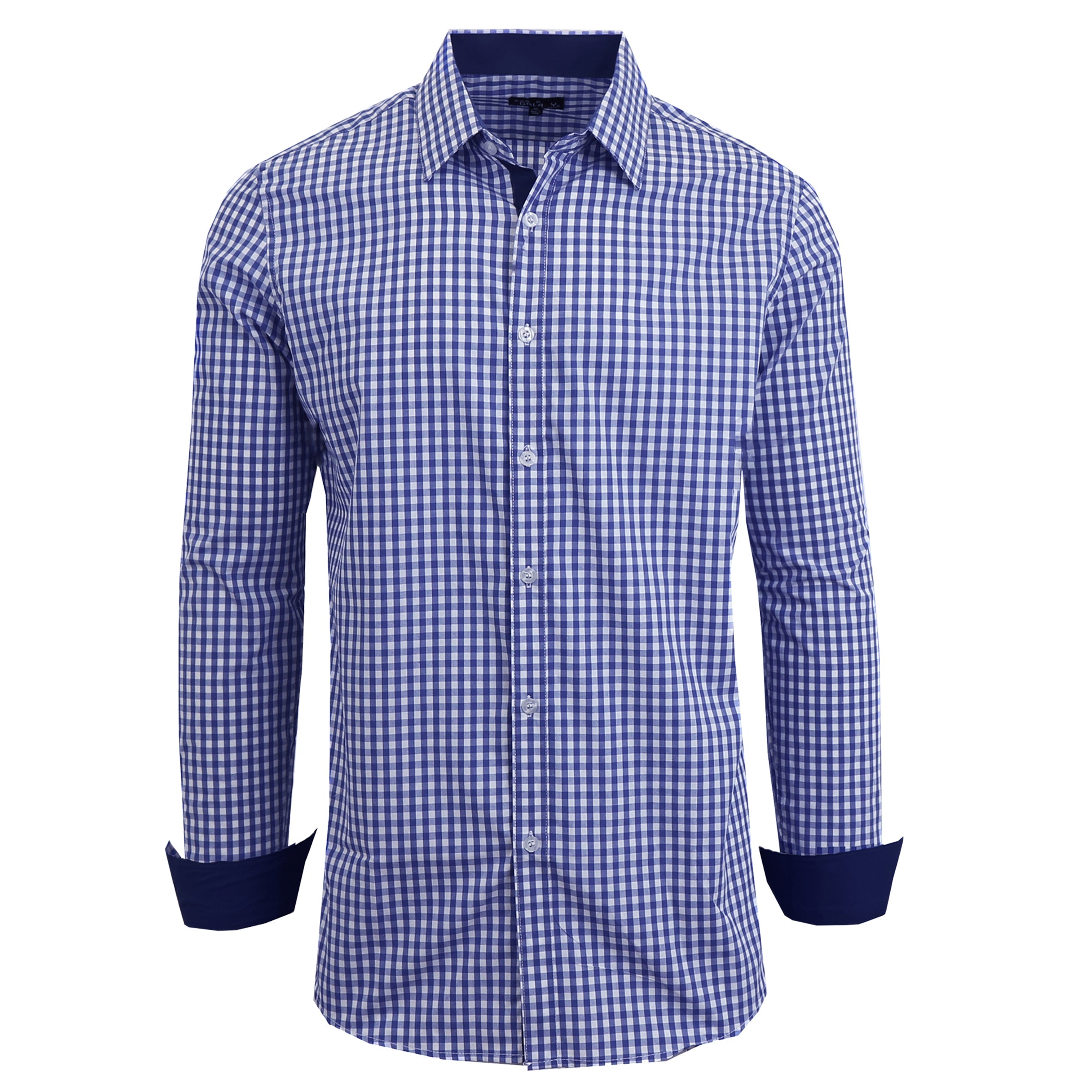 Men's Long Sleeve Slim Fitting Gingham Pattern Dress Shirts Men's Tops Navy S - DailySale