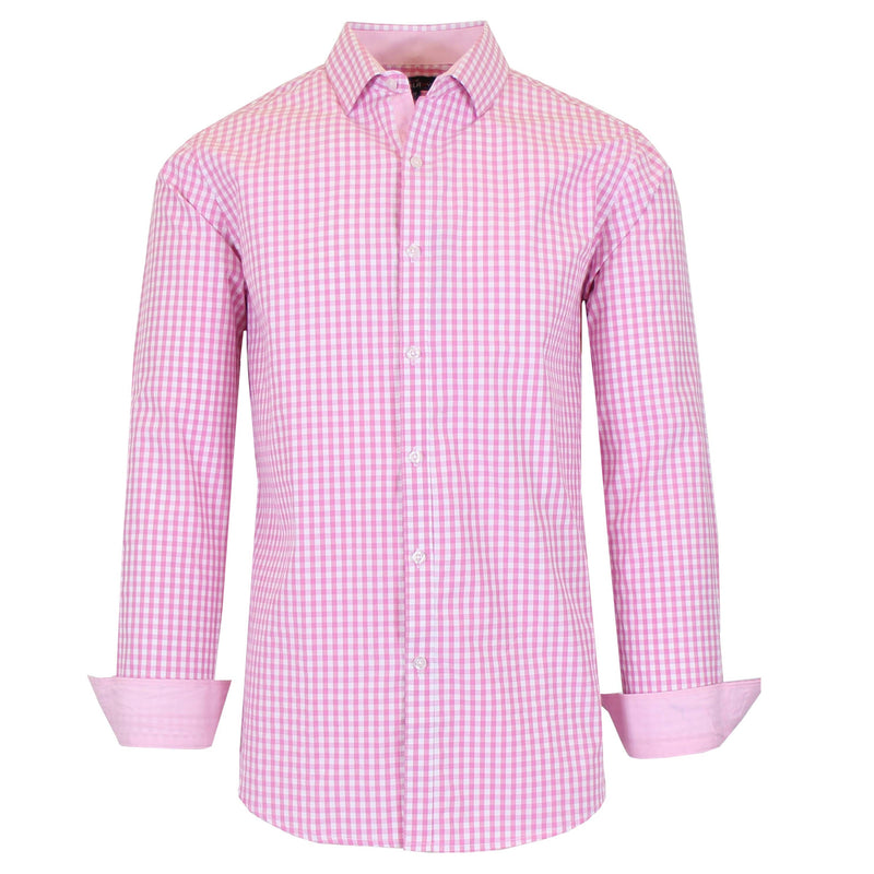 Men's Long Sleeve Slim Fitting Gingham Pattern Dress Shirts Men's Tops Pink S - DailySale