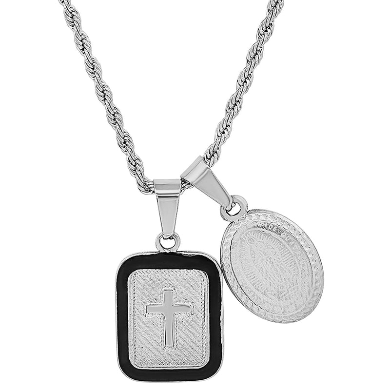 Men's Our Lady of Guadalupe and Black Enamel Dog Tag Pendant