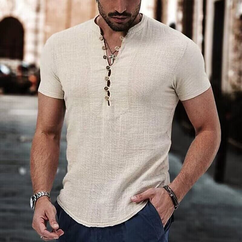 Men's Popover Shirt Short Sleeve Plain V Neck Men's Tops Apricot S - DailySale