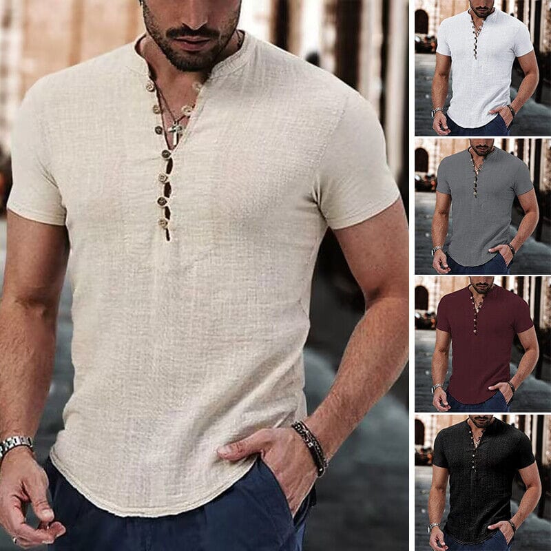 Men's Popover Shirt Short Sleeve Plain V Neck Men's Tops - DailySale