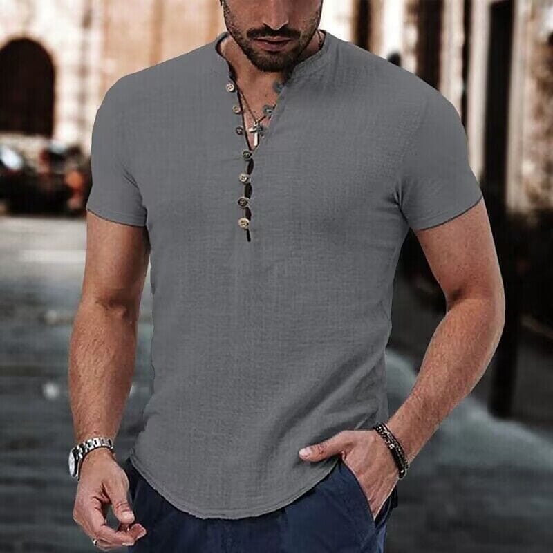 Men's Popover Shirt Short Sleeve Plain V Neck Men's Tops Gray S - DailySale