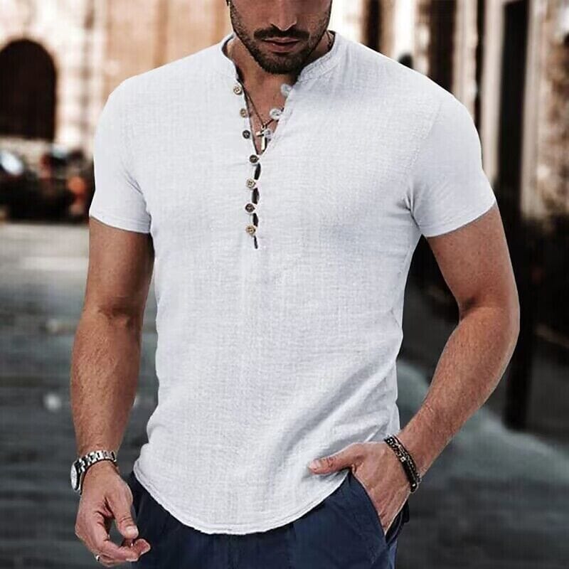 Men's Popover Shirt Short Sleeve Plain V Neck Men's Tops White S - DailySale