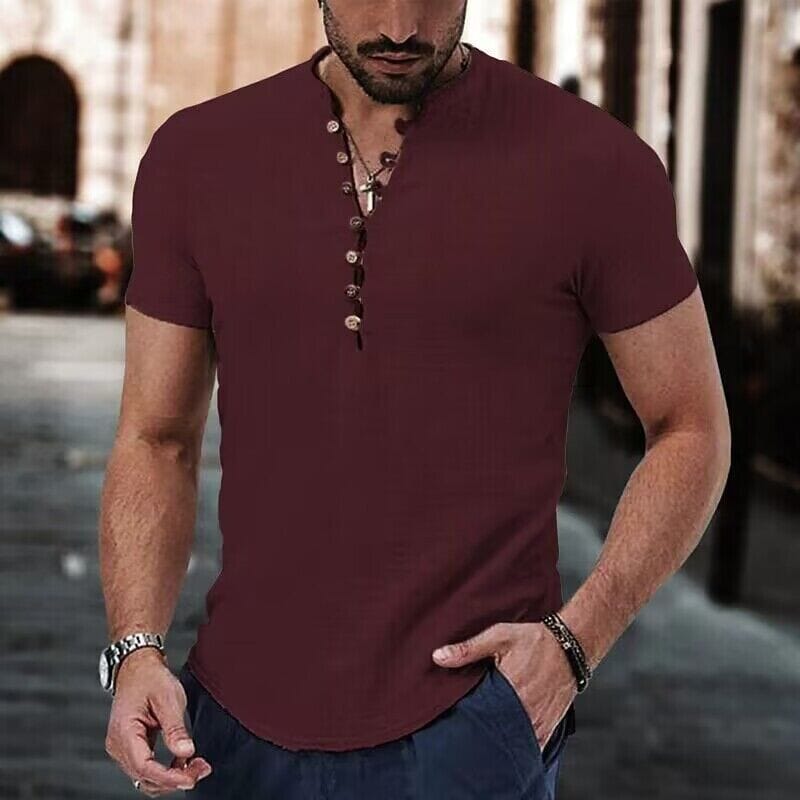 Men's Popover Shirt Short Sleeve Plain V Neck Men's Tops Wine S - DailySale