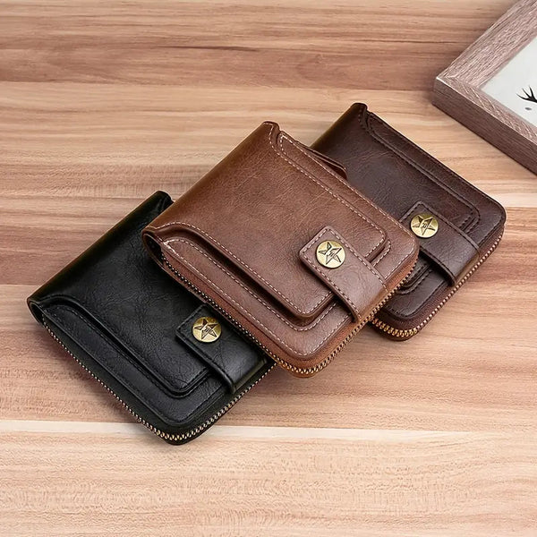 Men's PU Leather Solid Color Business Wallet, Card Holder With Zipper & Button Men's Shoes & Accessories - DailySale