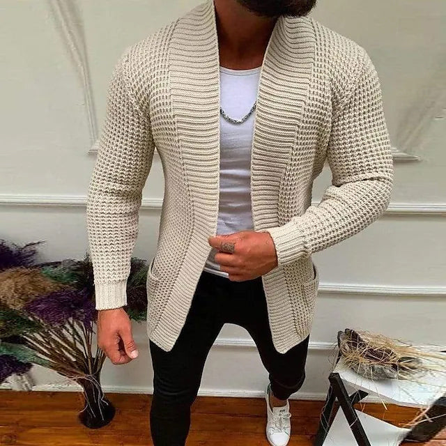 Men's Ribbed Knit Solid Color Sweater Cardigan Men's Outerwear Beige S - DailySale