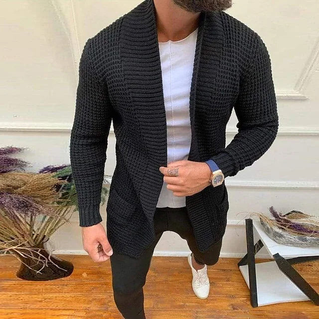 Men's Ribbed Knit Solid Color Sweater Cardigan Men's Outerwear Black S - DailySale