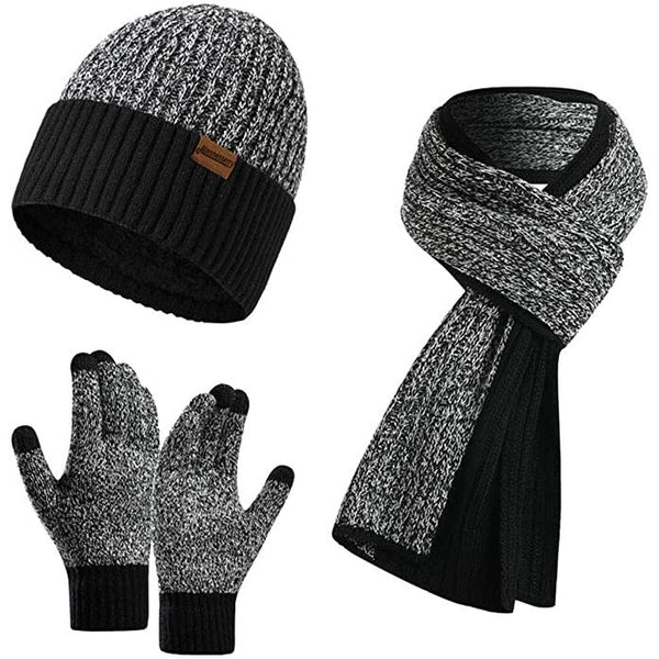 Men's Scarf and Beanie Hat Themal Gloves Set Men's Shoes & Accessories Black/White - DailySale