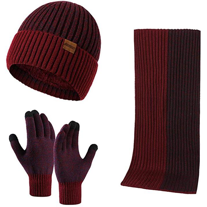 Men's Scarf and Beanie Hat Themal Gloves Set Men's Shoes & Accessories Wine Red - DailySale