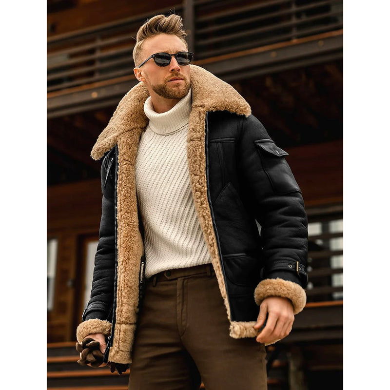 Men's Shearling Coat Winter Jacket Men's Outerwear Black S - DailySale